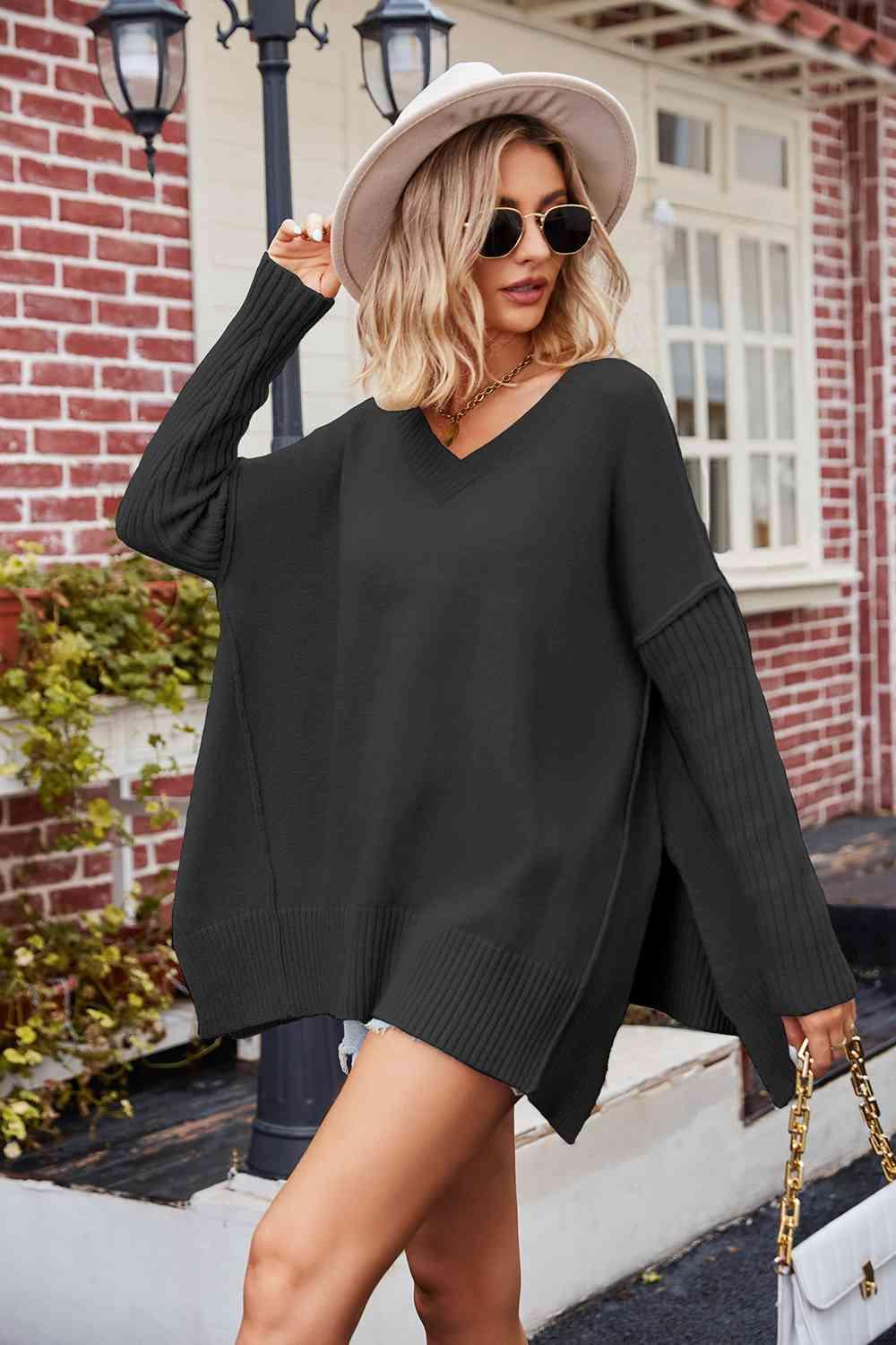 V-Neck Slit Exposed Seam Sweater - La Pink