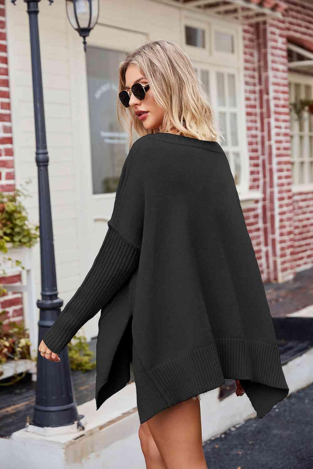 V-Neck Slit Exposed Seam Sweater - La Pink